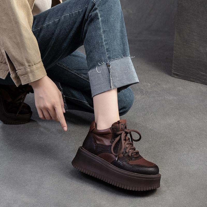 Fashion GKTINOO 2024 Spring New Genuine Leather Flat Platform Shoes Retro Round Toe Lace-up Women's Thick Sole Elevated Shoes