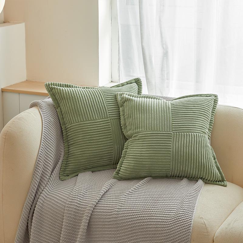 Modern Corduroy Patchwork Pillow Cover with Piping - Light Color Corn Stripe Design for Living Room Cushion
