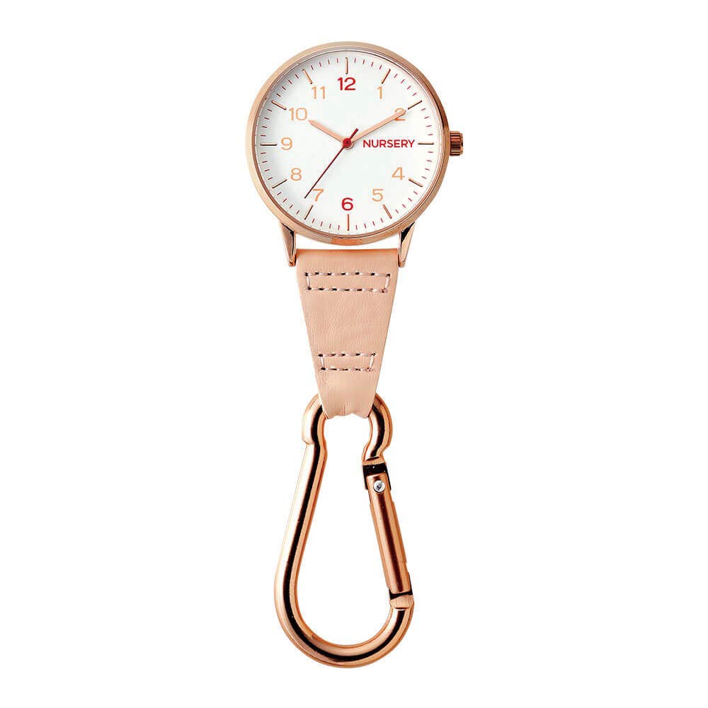 

Nursery Pink Gold Carabiner Glow-in-the-Dark Watch with Inverted Dial, Coral Pink, 1100268A