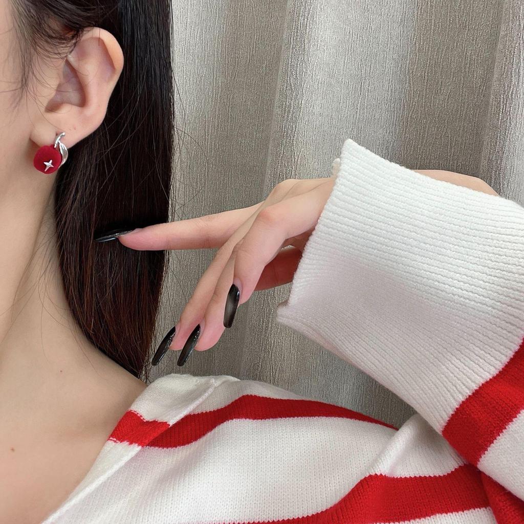 Flocked Ankola Red Apple Earrings - Cute, Sweet, and Versatile for Autumn/Winter and New Year
