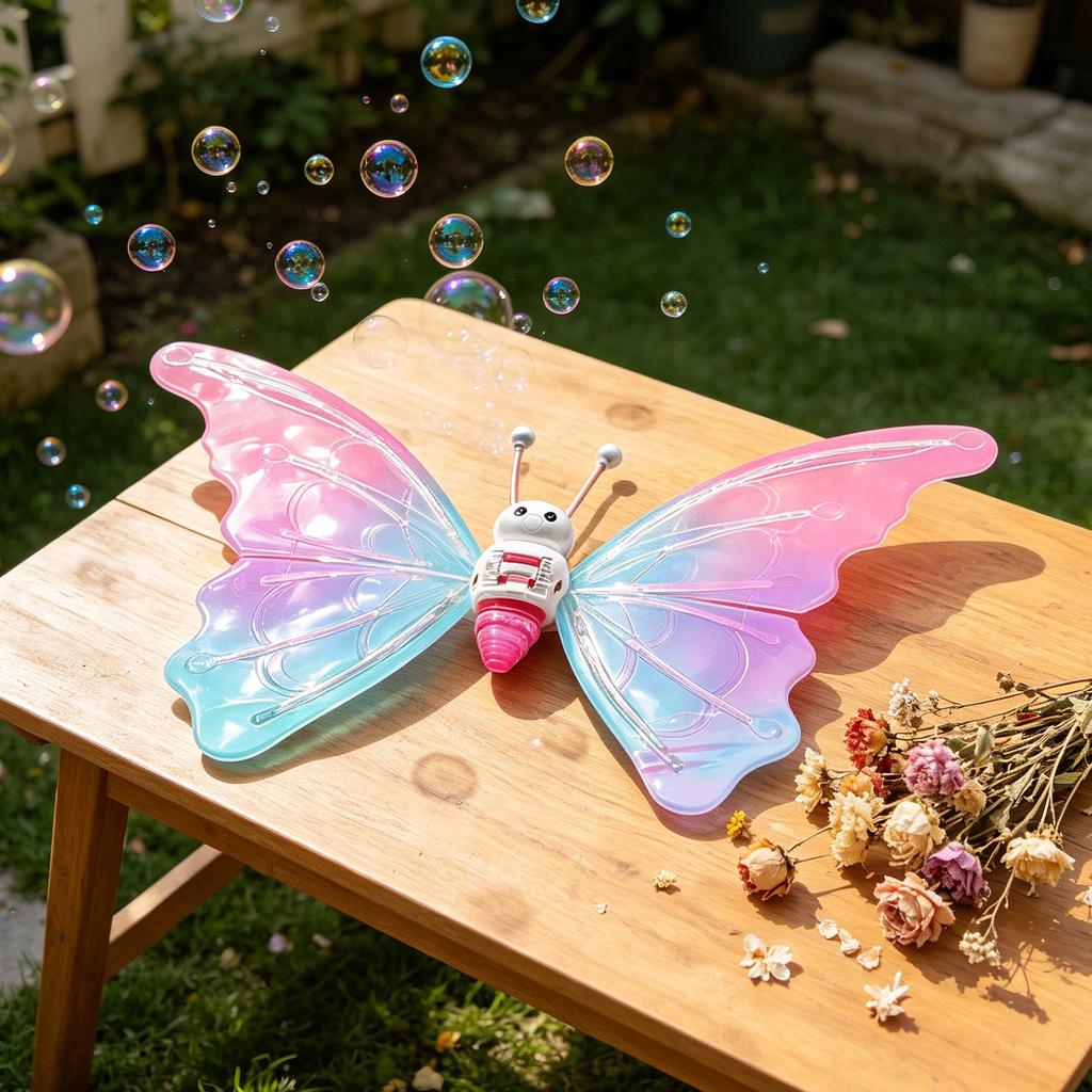 Electric Light Up Butterfly Bubble Toy Outdoor Wearable Wings with 40ml Bubble Solution for Children Play and Entertainment