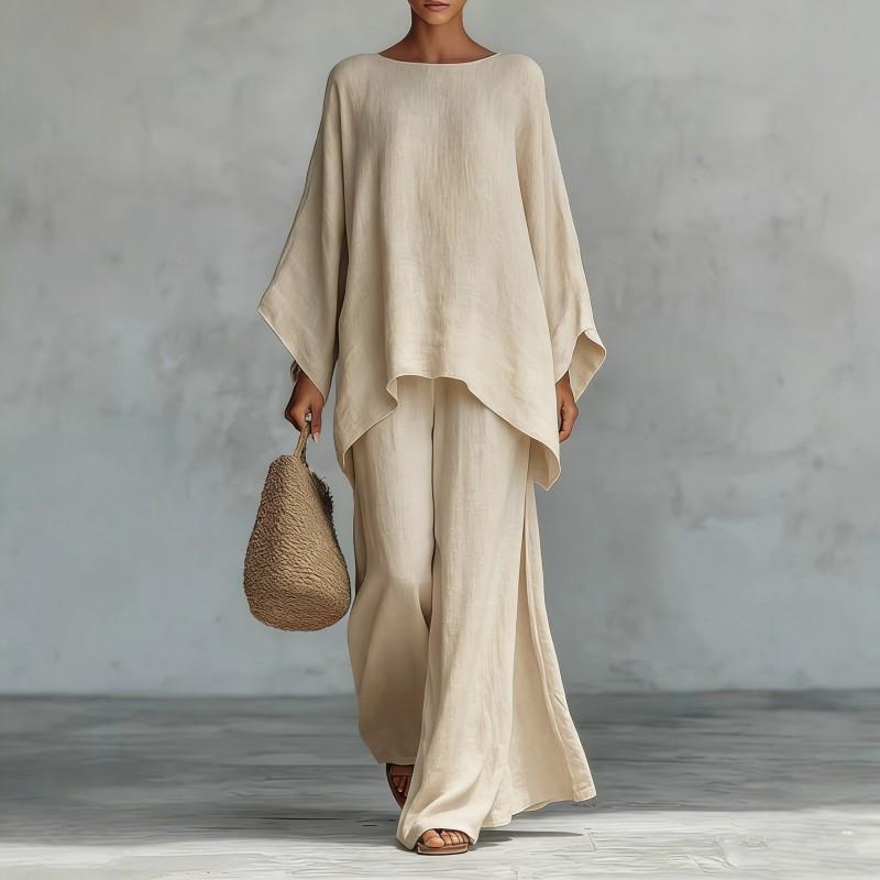 Womens Elegant Loose Fit Solid Color Linen Blend Shirt Wide Leg Pants Set 2026