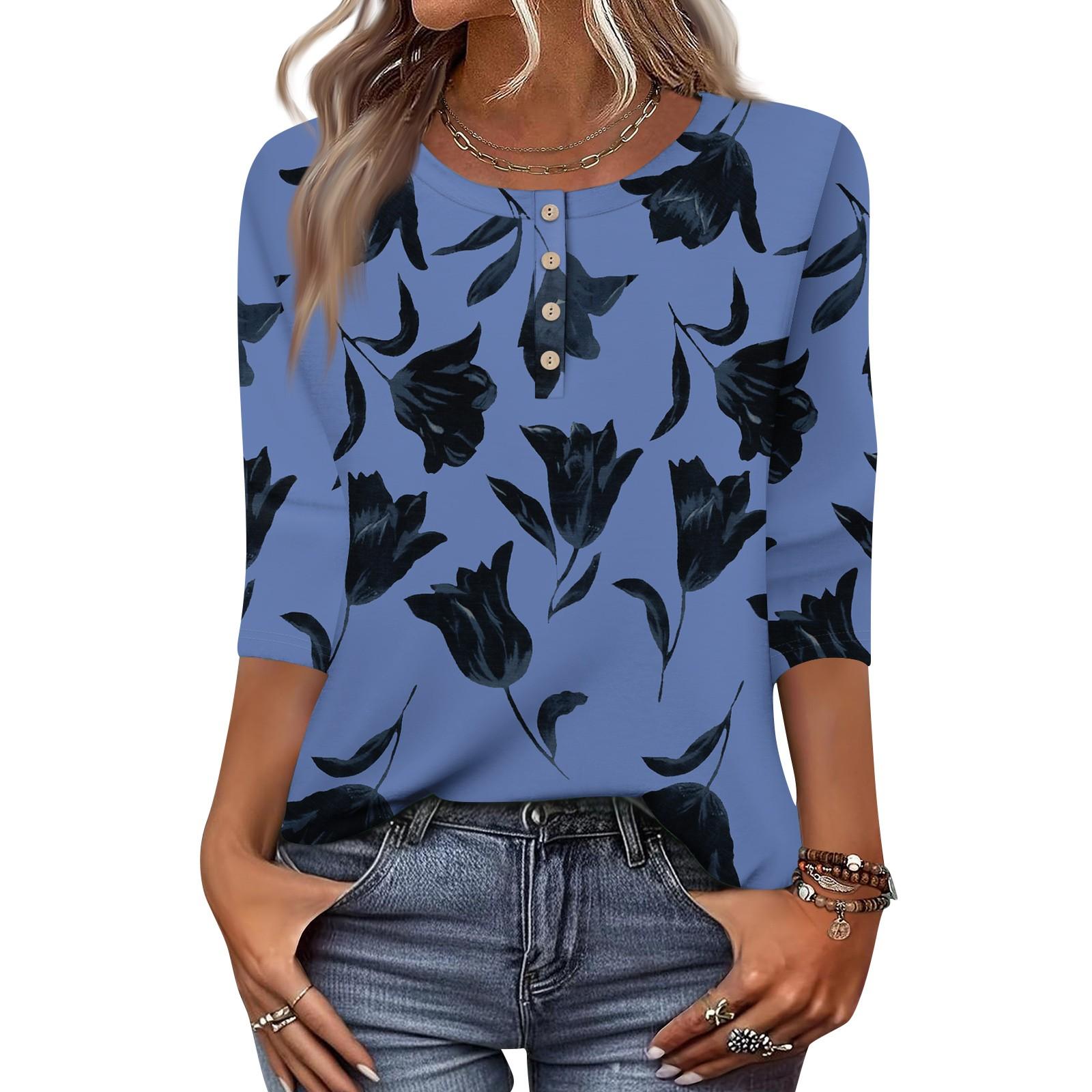 

Женские топы с рукавами 3/4 и цветочным принтом, рубашки с застежкой на пол-пуговицы, летняя блузка с круглым вырезом XXL синий