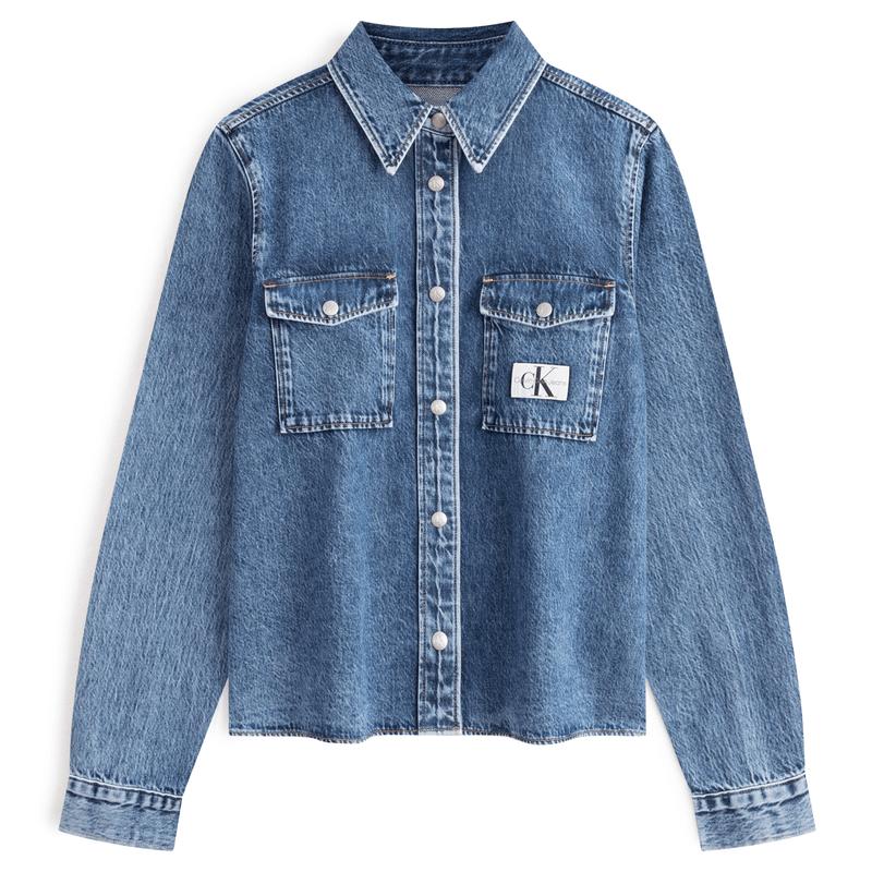 CALVIN KLEIN Jeans Vintage Tag Pocket Cotton Slim Fit Shirt Women Light Denim Blue J223851