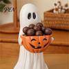 Trick or Treat Dessert Holder Resin Ghost Statue with Pumpkin Candy Bowl, Cute Figurine, Multi Functional Storage Figure for Front Porch Yard