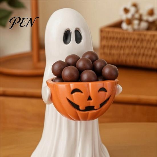 Trick or Treat Dessert Holder Resin Ghost Statue with Pumpkin Candy Bowl, Cute Figurine, Multi Functional Storage Figure for Front Porch Yard