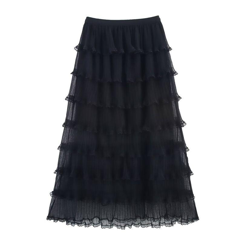 

Zbzr Spring New Women clothes Lace Pleat Mesh Cake Skirt Skirt Mid-Length High Waist Straight A- line Skirt Black All yards