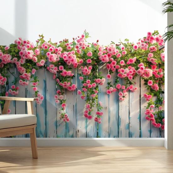 Spring Pink Flowers Fence Wall Decal Removable Floral Wall Art Murals Peel And Stick