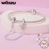 WOSTU 925 Sterling Silver Pink Opal Moon Cat Charm Glow In Dark Pet Paw Pendant Cat's eye safety Chain Fit Original Bracelet DIY