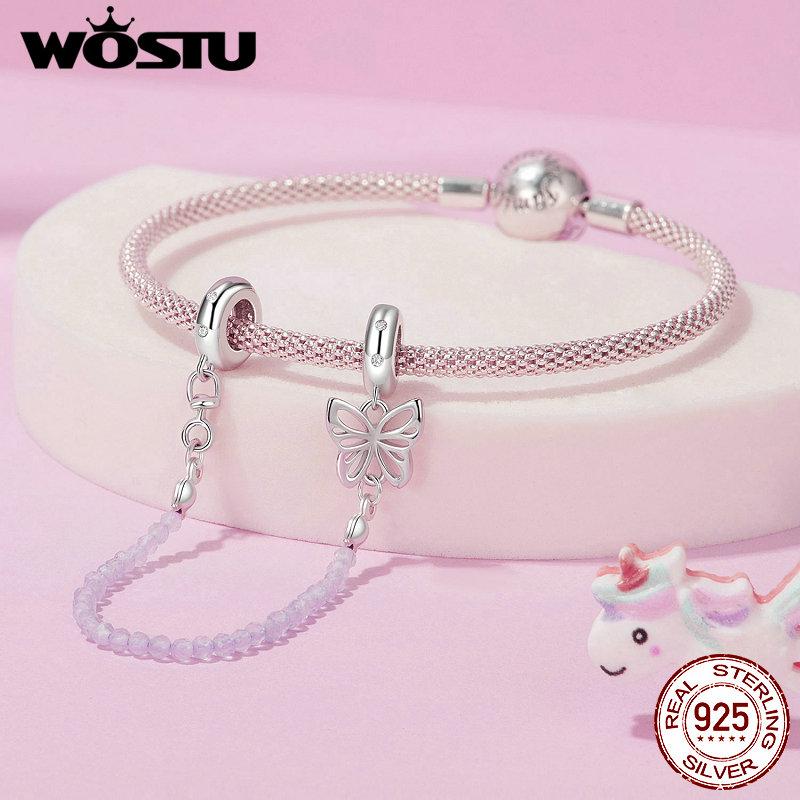 WOSTU 925 Sterling Silver Pink Opal Moon Cat Charm Glow In Dark Pet Paw Pendant Cat's eye safety Chain Fit Original Bracelet DIY
