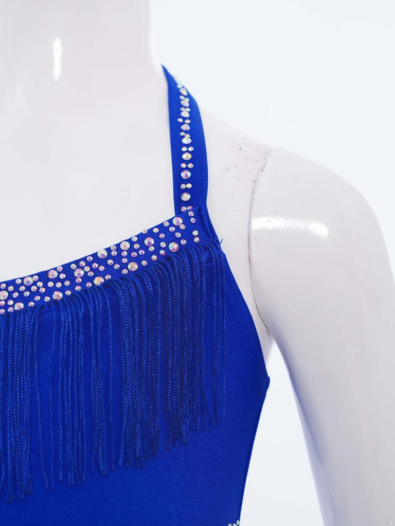 Girls Latin Dance Costume Sparkly Rhinestones Halter Leotard with Feather Skirt for Performance