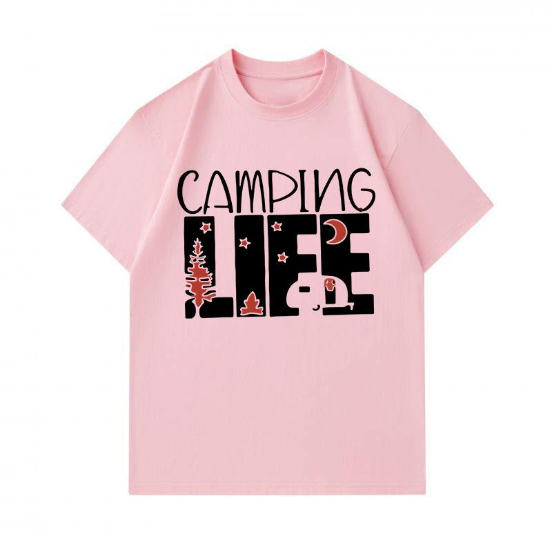 Men's 100% Cotton O-neck Short Sleeve T-shirt, Casual Camping Life Printed Top with Pine Tree Moon Star Camper Pattern for Daily Outdoor Wear