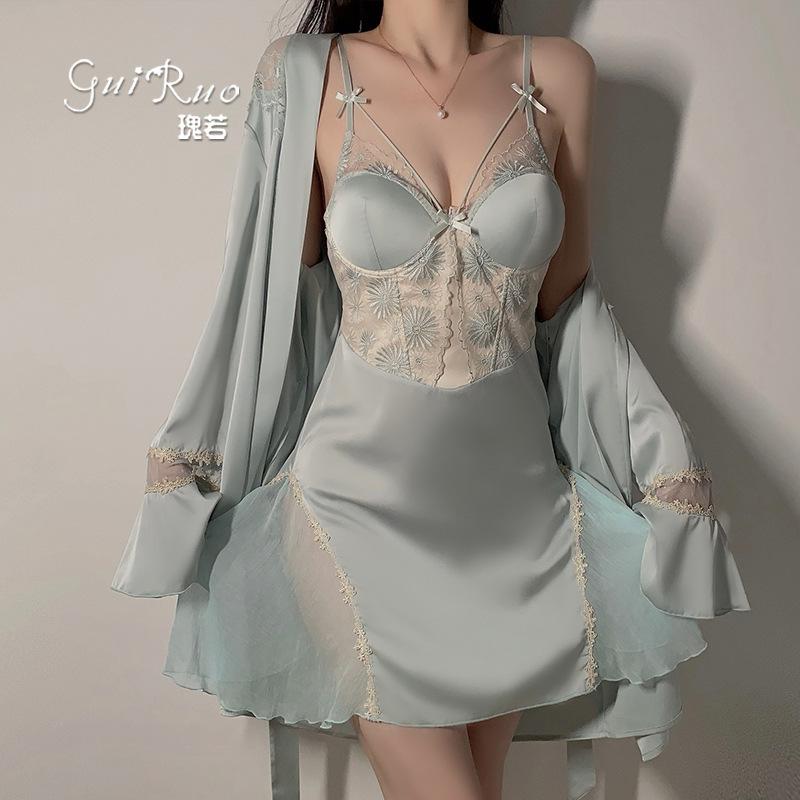 Women's Satin Lace Mesh Deep V Padded Sleep Dress with Tie Robe Lounge Set