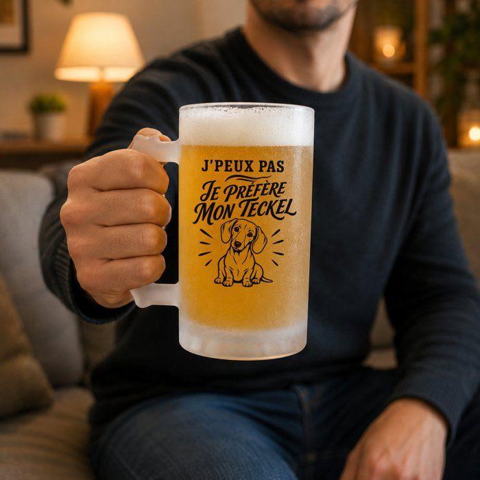 Chope de bière - PLANETEE - J'peux pas minimaliste - Verre trempé givré - 470 ml - Motif Teckel