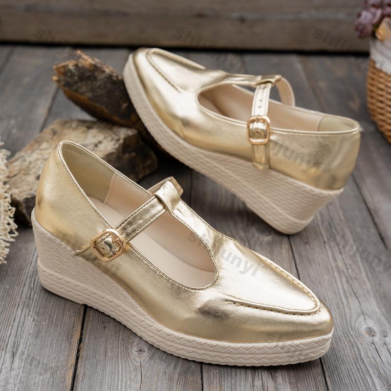 Fashion Women Gold High Heels Shallow Wedges Single Shoes Spring New Comfort Non-slip Ladies Fashion Comfortable Leather Single Shoes