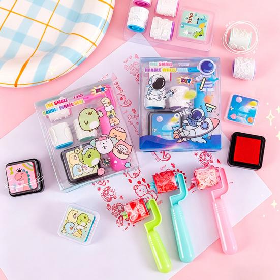 Cartoon Animal Rolling Stamp with Ink Pad Cute Self-Inking Roller for Kids Students Fun Classroom Prize Kindergarten DIY Craft Supply