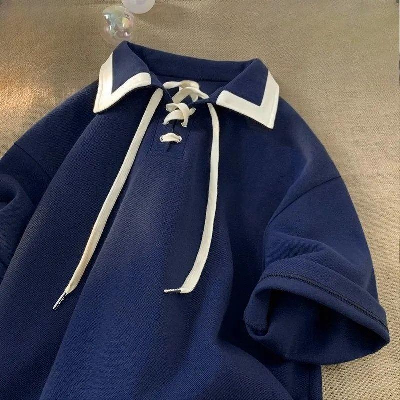 Color Blocking Women's T-shirt Turn Down Collar Drawstring Tie Short Sleeved Tees Japanese Style Summer New Version Loose Female Top