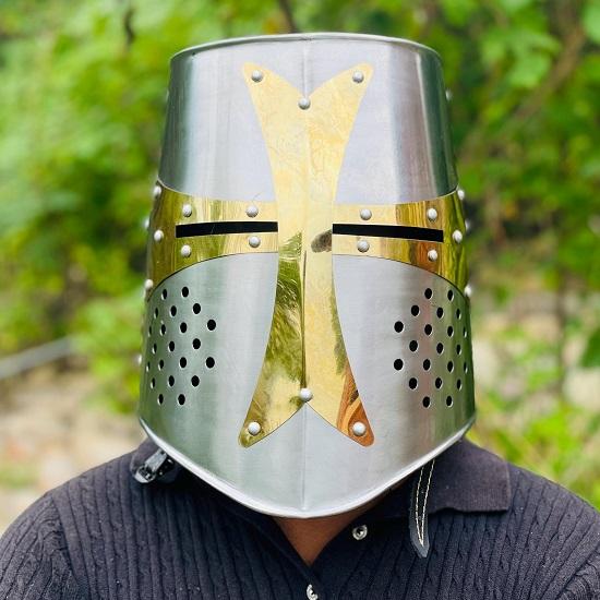 Templar Crusader Knight Helmet Medieval Great Helm, Larp And Cosplay Helmet ,Handmade Steel  Brass Cross Helmet , Collectible Gift