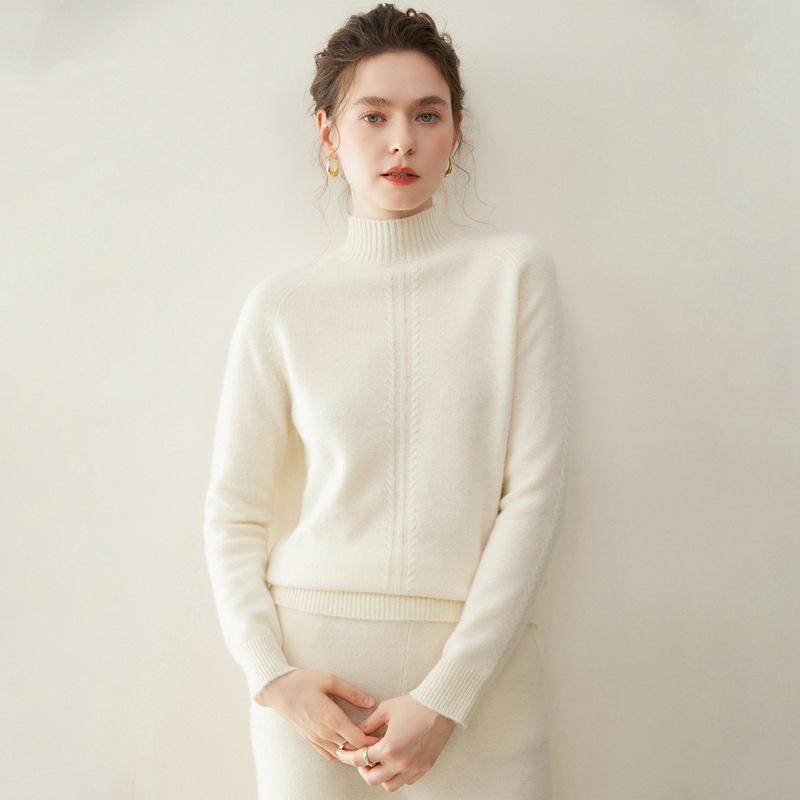 Women's Seven-Gauge Cashmere Sweater - Thick, Long-Sleeve, Solid Color, Half-High Neck Pullover for Autumn and Winter Warmth.
