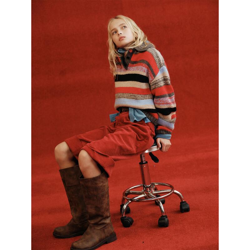 ELLE KIDS Girls' Striped Retro Polo Knit Sweater