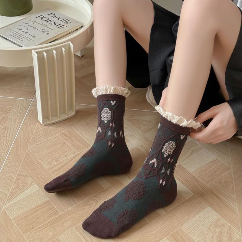 Luxury Socks Korean Fashion Women Harajuku Style Geometric 3D Textured Winter Thick Warm Cashmere Lace Designer Socks Vintage