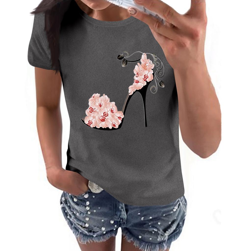 Women's Casual High Heels Floral Print Casual Short-sleeved T-shirt Pullover Round Neck Short-sleeved Top