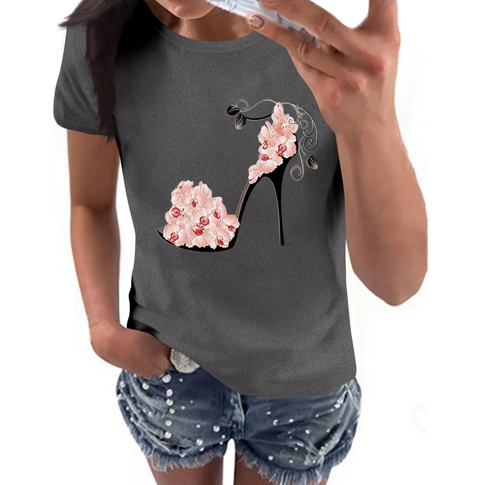 Women s Casual High Heels Floral Print Casual Short-sleeved T-shirt Pullover Round Neck Short-sleeved Top L