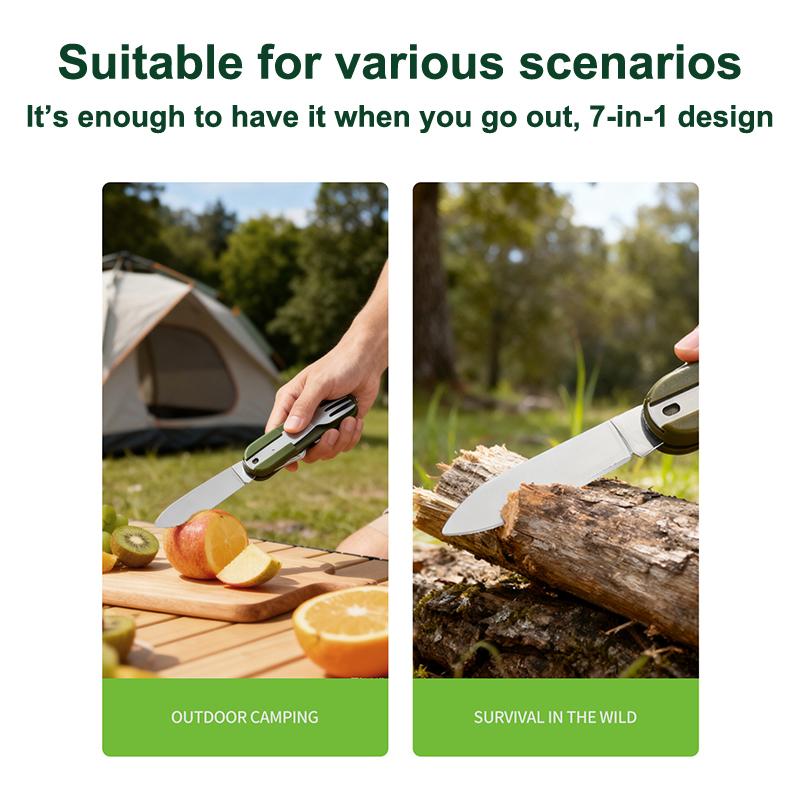 Stainless Steel 7 In 1 Camping Cutlery Set - Foldable Multifunctional Outdoor Tableware With Fork Spoon Knife For Picnic Hiking