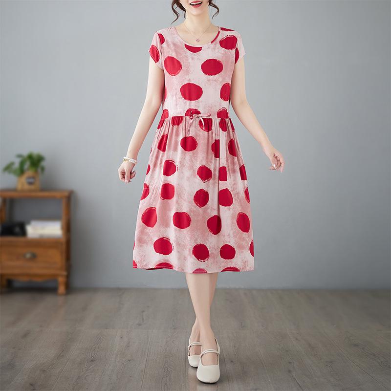 2025 Summer Floral Cotton-Silk A-Line Dress: Women's Short Sleeve, Loose Waist, Slimming Tie Mid-Length
