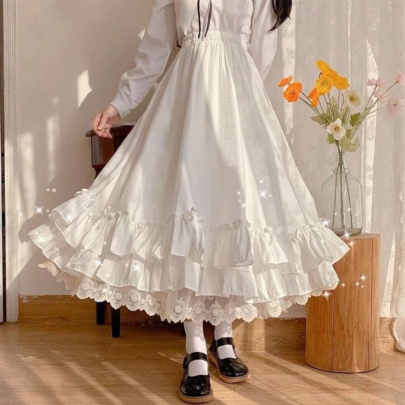 Dámská krajková dlouhá sukně s vysokým pasem, mašlí a volány, áčková sukně Kawaii japonský styl, vintage oblečení, jaro podzim