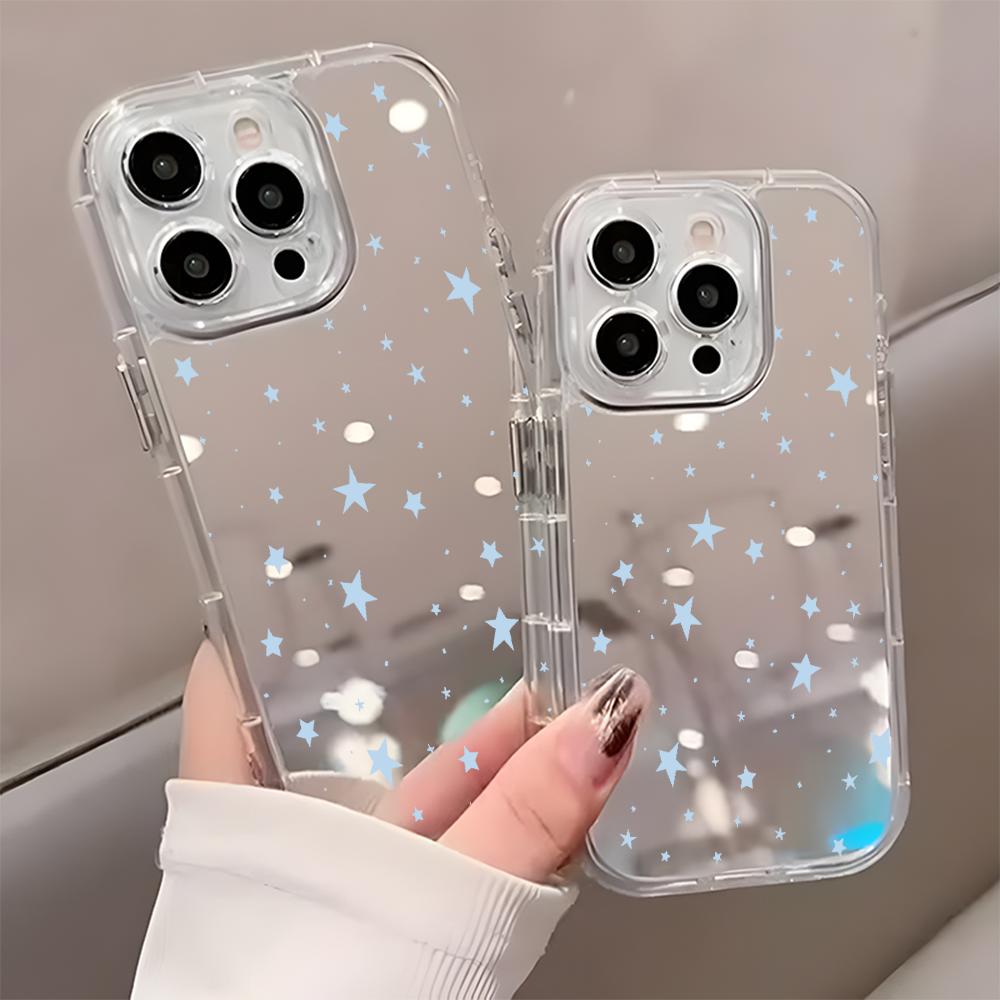 Blue Star Pattern Back Mirror Phone Case For iPhone 17 16 Pro Max 11 12 13 14 15 Pro X XR XS 17 Air 7 8 Plus Shockproof Cover