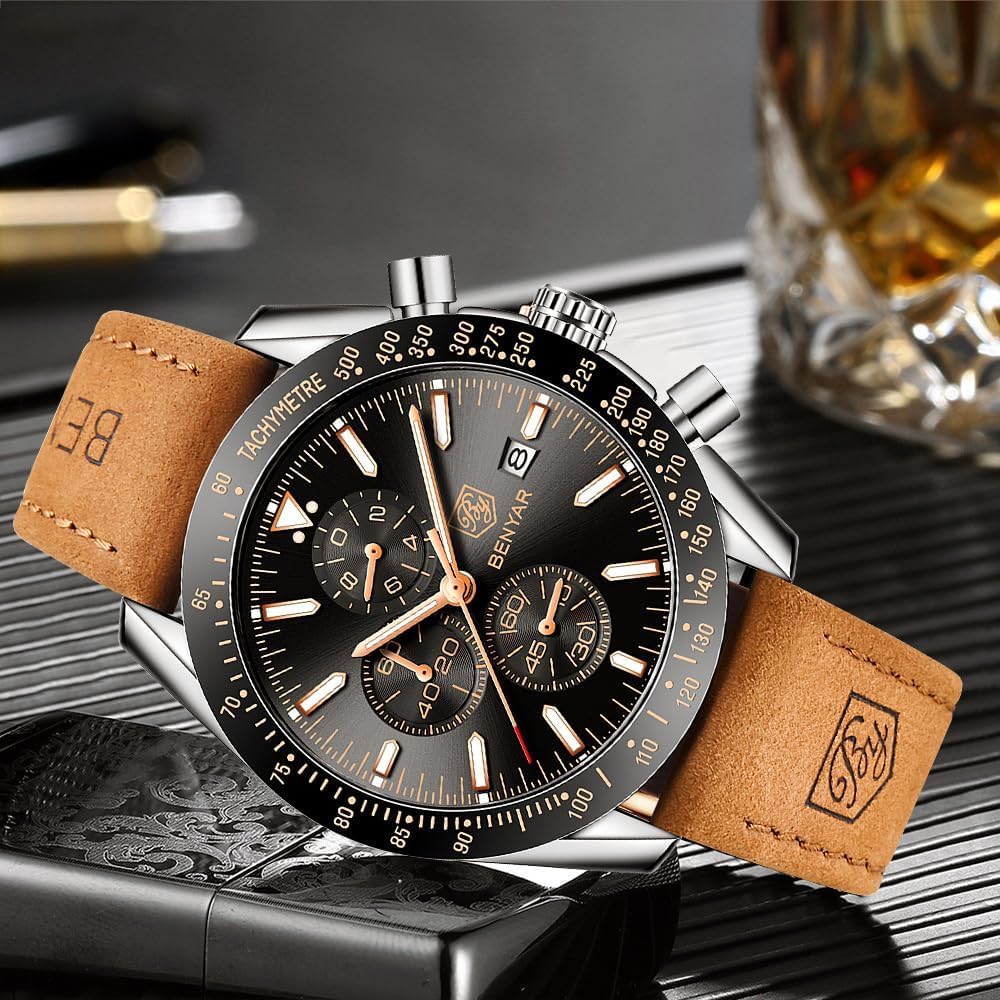 BY BENYAR Chronograph Analog 30M Wasserdicht Lederarmband Quarz Geschenk für Erhältlich in und Schwarz Herrenuhr, Widerstandsfähig, Schlicht, Stilvoll, Beliebt, Formell,