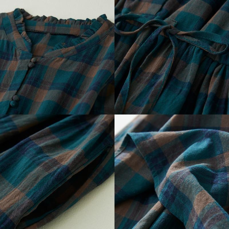 Herbst Plus Retro Taillenbetonendes Schlankmachendes Schnürkleid in Midi-Länge mit Karomuster für Damen Freizeitkleider