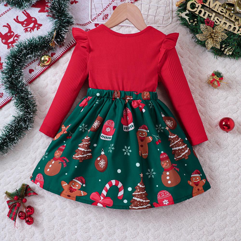 Girls Festive Style Dress Applique Detail Long Sleeve Christmas Party Dress Soft Polyester Blend Toddler Dresses Layering Outfit