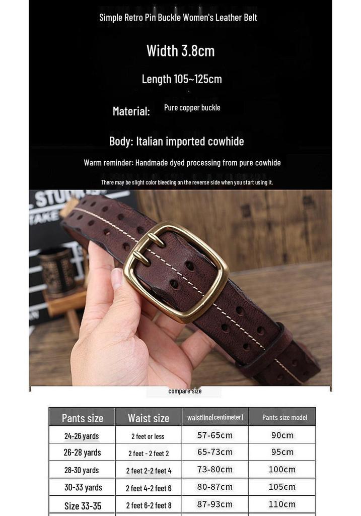 Vintage Style Double-Stitched Copper Buckle Men's Genuine Leather Belt