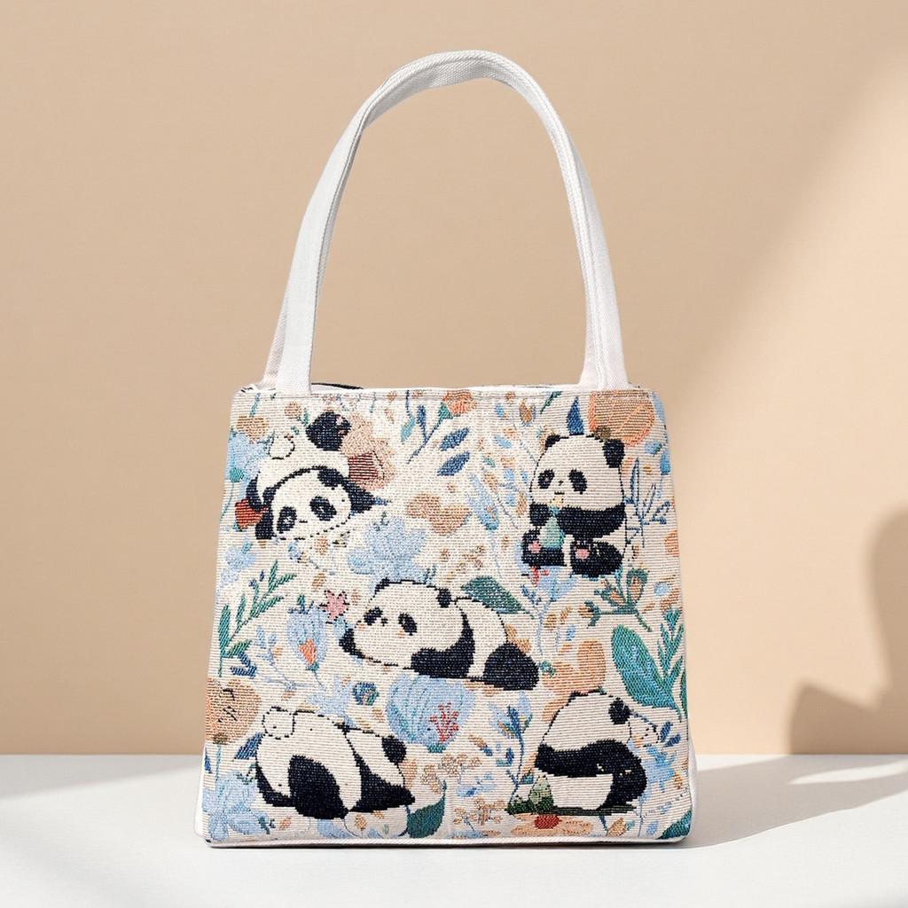 Panda Pattern Canvas Handheld Bag With Embroidery For Casual Day Use