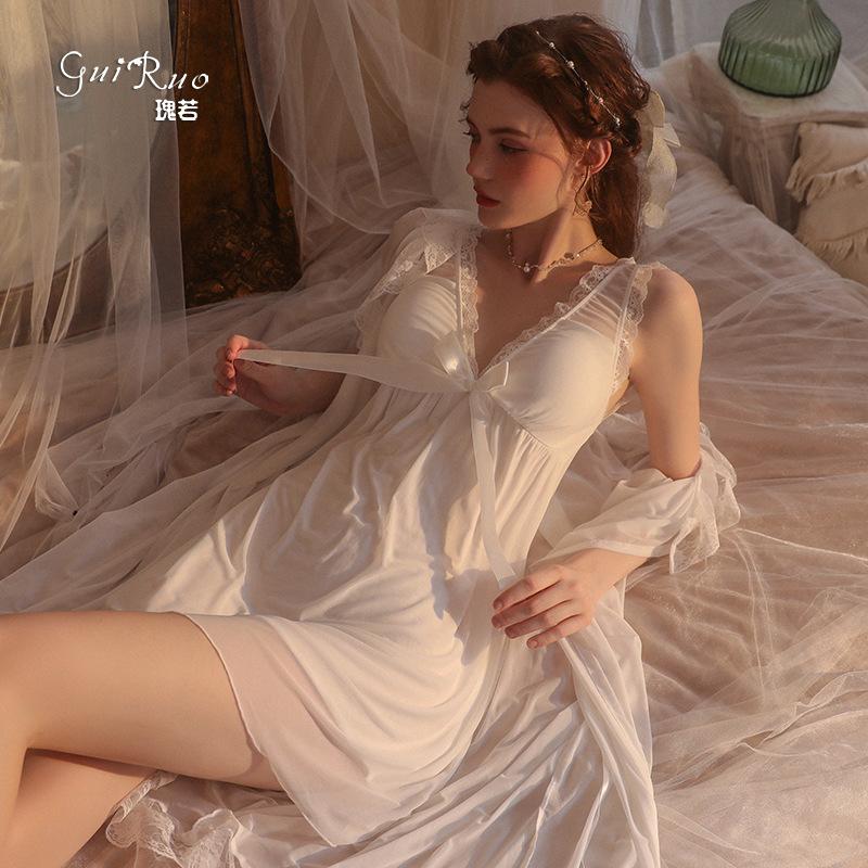 Women's Lace Padded Backless Sleep Dress with Mesh Robe Lounge Set