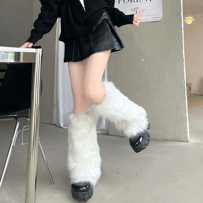 Soft Thicken Warm Furry Leg Warmers Foot Cover Y2K Cool Women Girls Winter Fashion Long Stockings Punk Style Fuzzy Leg Warmers