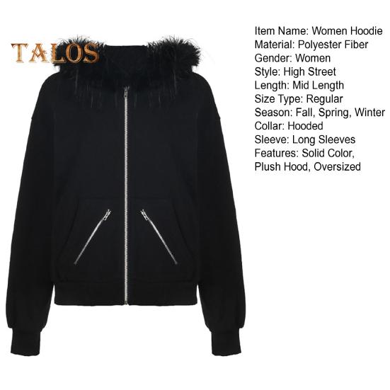 Casaco de inverno feminino com capuz de pelúcia, estilo high street, cardigan com zíper, capuz com bolsos com zíper, cor sólida, quente, solto, agasalho