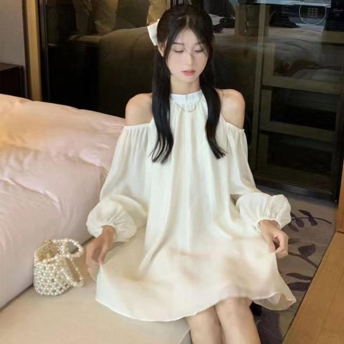 

Small man s first love off-the-shoulder doll skirt autumn tea break French white neck dress children s autumn new models S абрикосовый