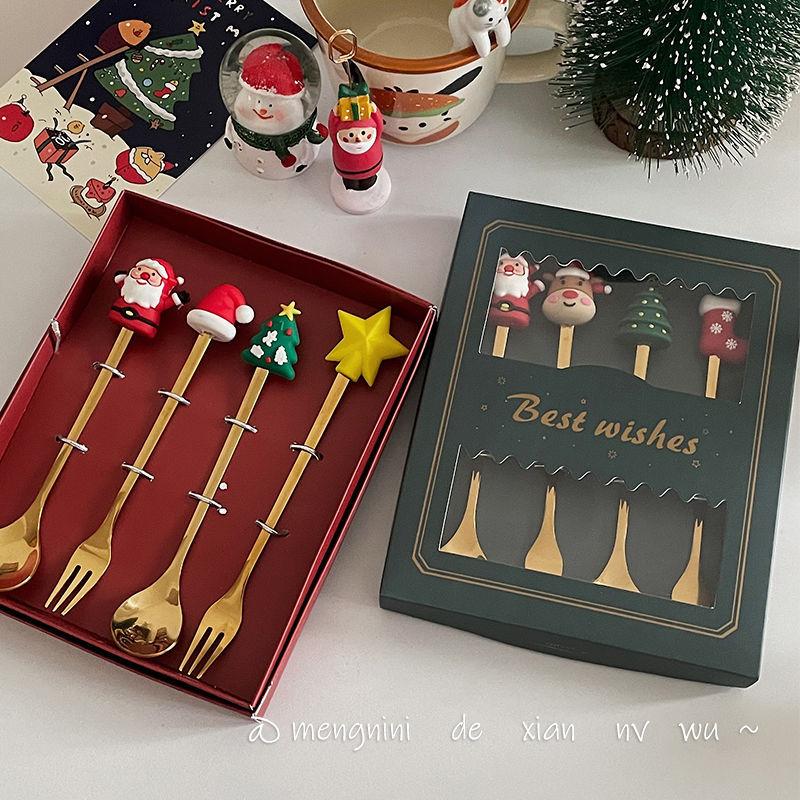 4Pcs Christmas Gift Glod Spoon Fork Set Elk Christmas Tree Decoration Dessert Scoop Fruit Fork Coffee Spoon Cutlery Set