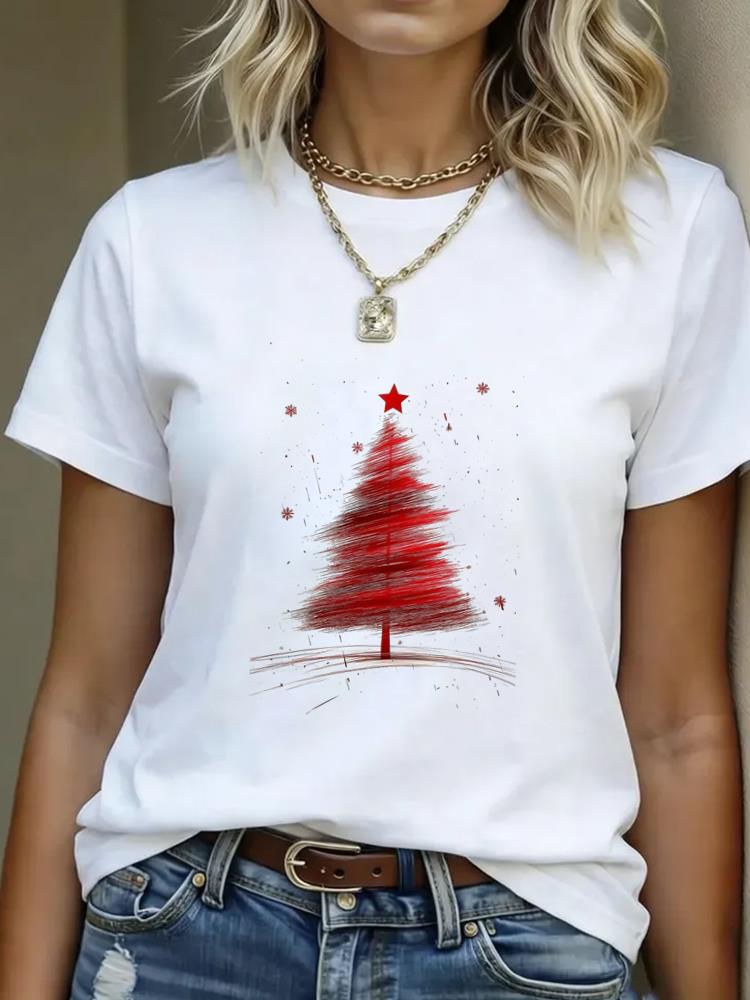 (Asian Size) Lovely Style Cute Merry Christmas Women's Top Short Sleeve T-shirts O-neck T Shirt Print Fashion Casual New Year Clothing Graphic Tee