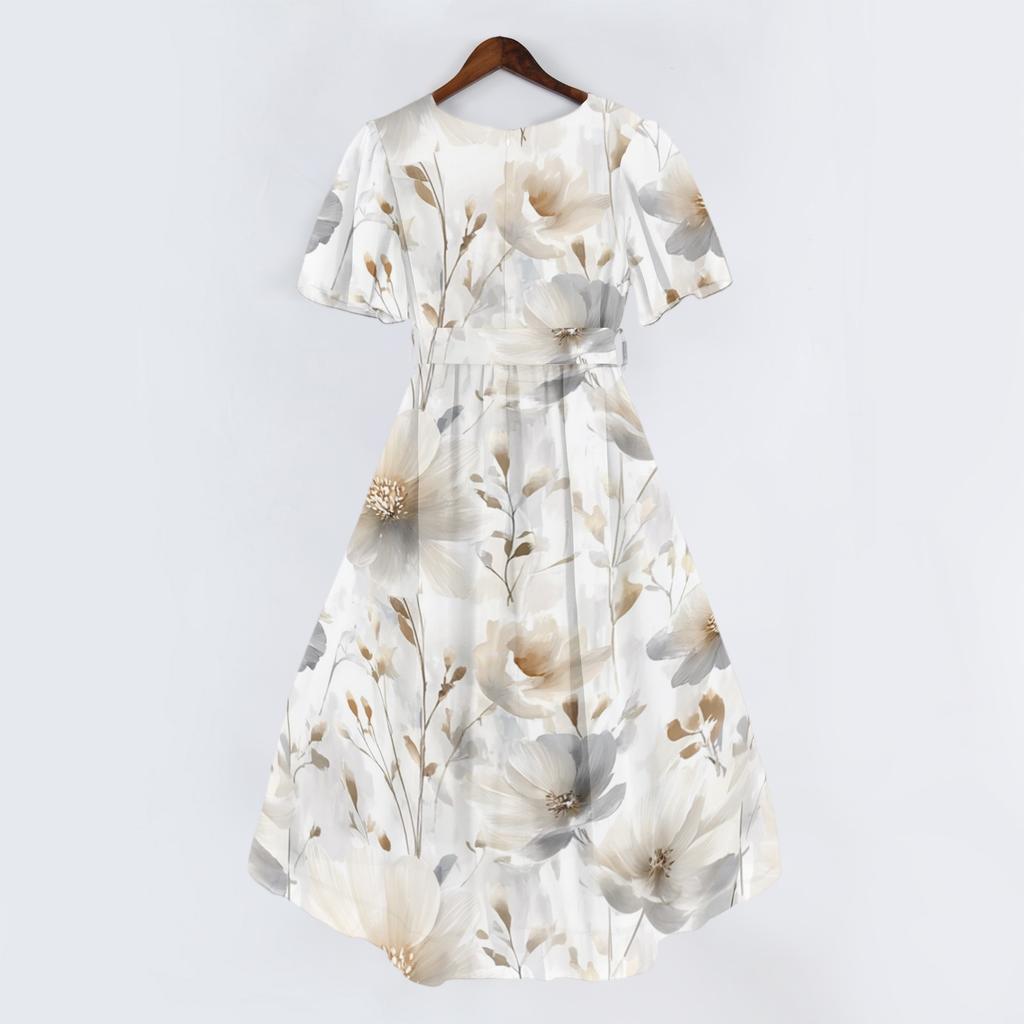 Women Casual V Neck Short Sleeve Floral Print Dress Vintage Style Midi Length Wrap Dress for Daily Wear