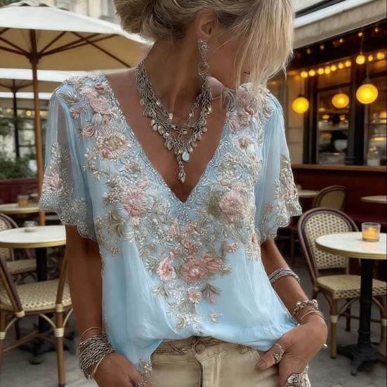 Women T-shirt V-Neck Short Sleeve 3D Imitation Jacquard Flower Decor Pullover Tops Loose Fit Summer Blouse Daily Wear