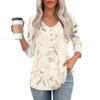 Damen 3/4 Ärmel V-Ausschnitt Knopfdetails Blumenmuster Tunika Oberteil Lässig Lockerer Schnitt Leichte Bluse