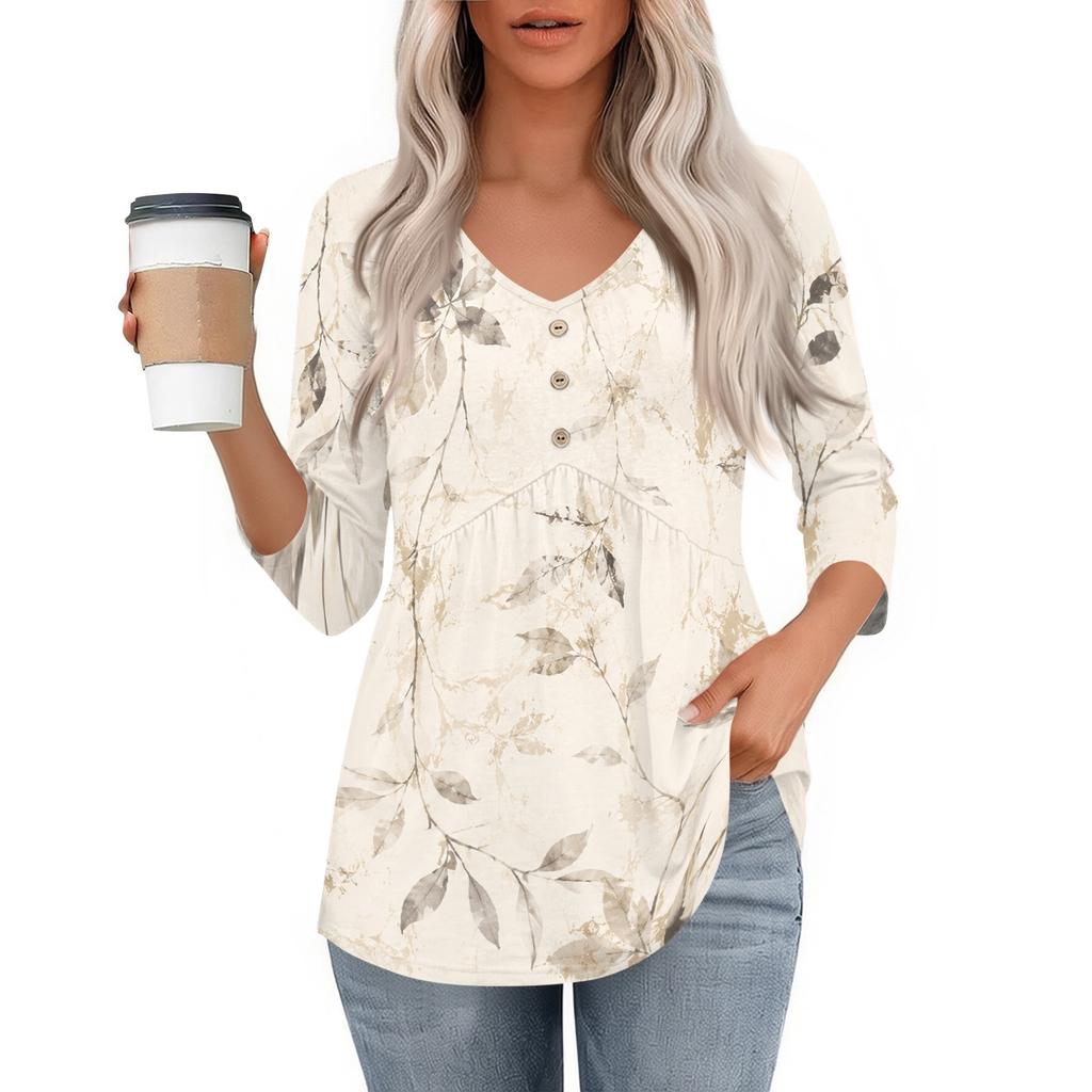 Damen 3/4 Ärmel V-Ausschnitt Knopfdetails Blumenmuster Tunika Oberteil Lässig Lockerer Schnitt Leichte Bluse