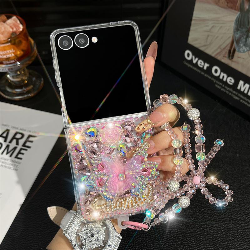 

Luxury Crystal Phone Case for Samsung Galaxy Z Flip 7FE/6/5/4/3 Flip7 with Vivid Butterfly Flower Diamond Pearl Wrist Strap Galaxy Z Flip4 рожевий