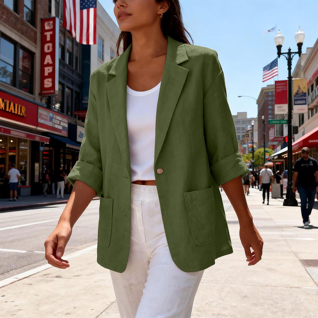 Women's Casual Linen-Cotton Cardigan with Pockets and Seven-Eighths Sleeve