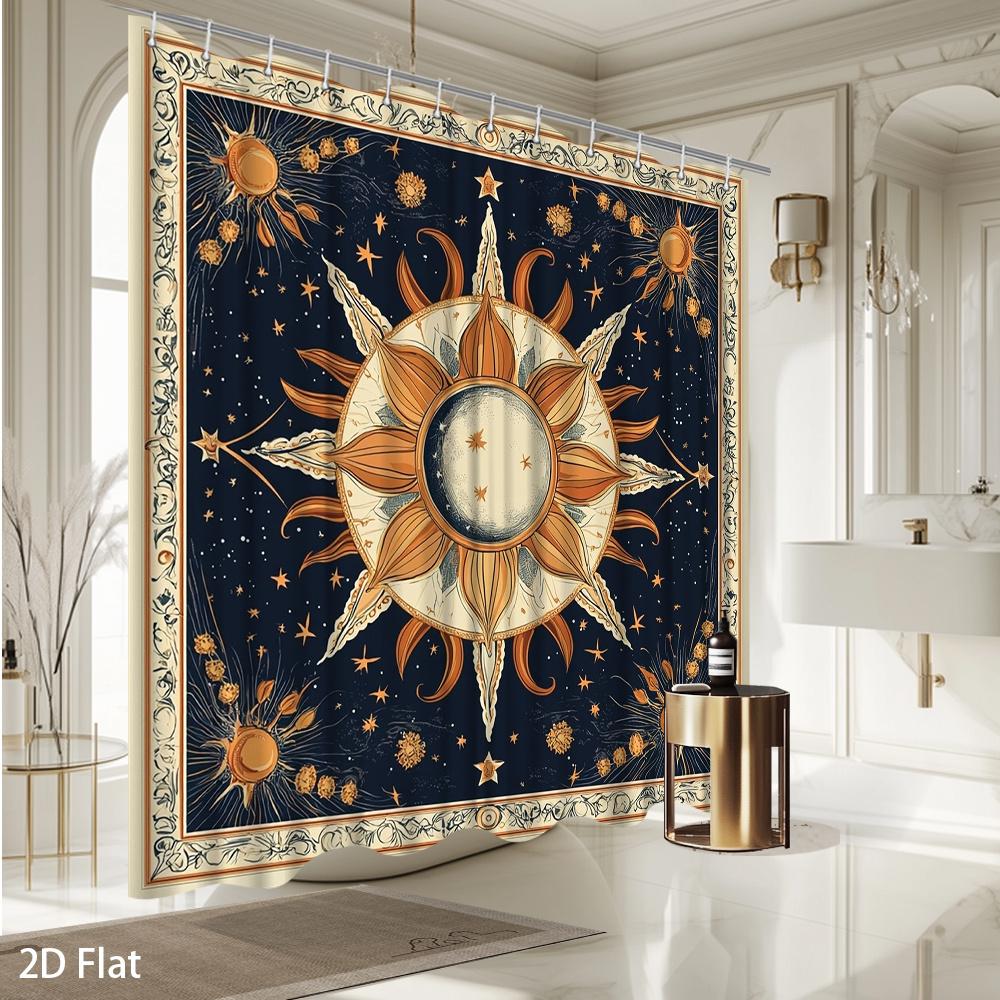 Celestial Sun & Moon Shower Curtain – Astronomical Art with Golden Stars, Deep Blue Background, Vintage Celestial Design