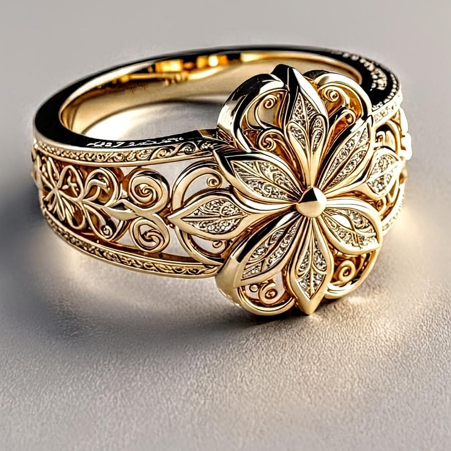 Elegant KC Golden-Plated Copper Ring with Intricate Floral Design - Vintage Boho Style, Synthetic Stone, Perfect for Daily Wear & Parties, Luxury Jewe